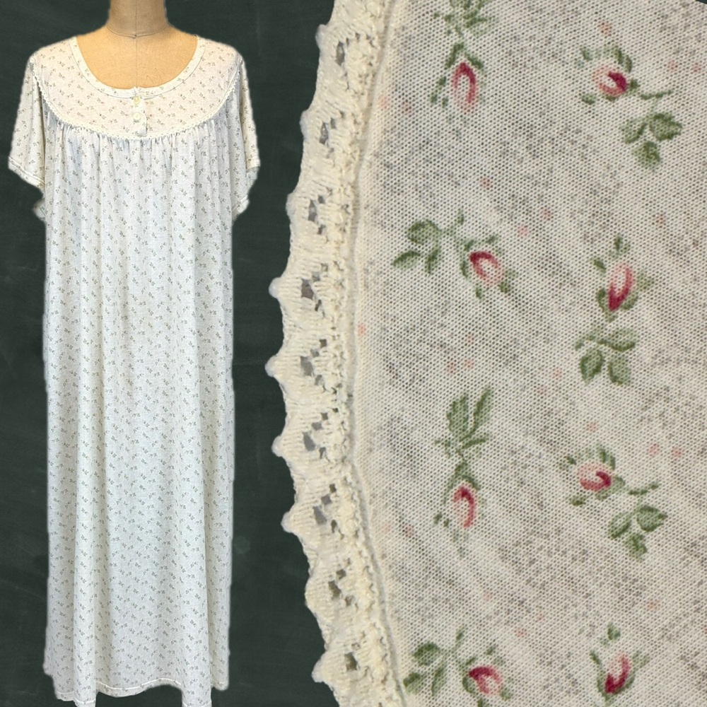 VINTAGE cottage rose floral cotton nightgown long maxi short sleeve crochet lace